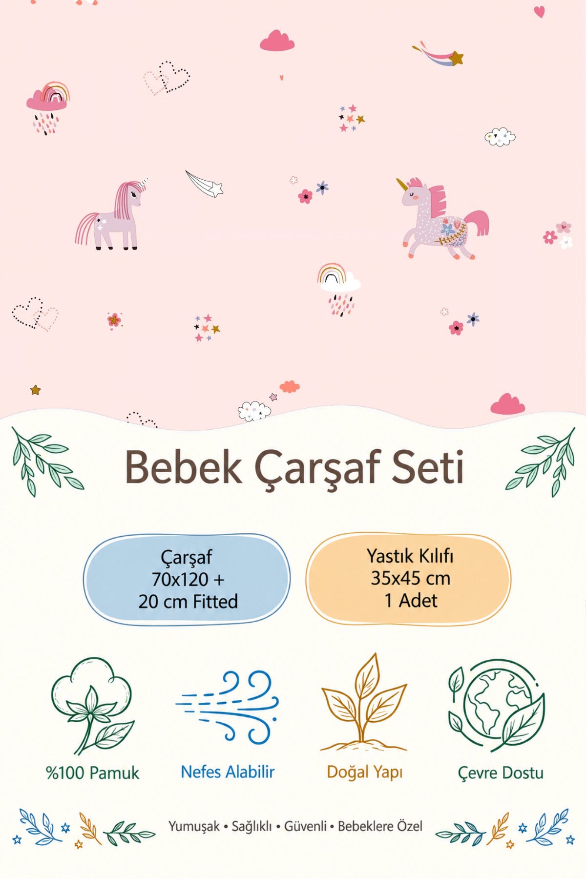 Unicorn %100 Pamuk Ranforce Bebek Lastikli Çarşaf Seti