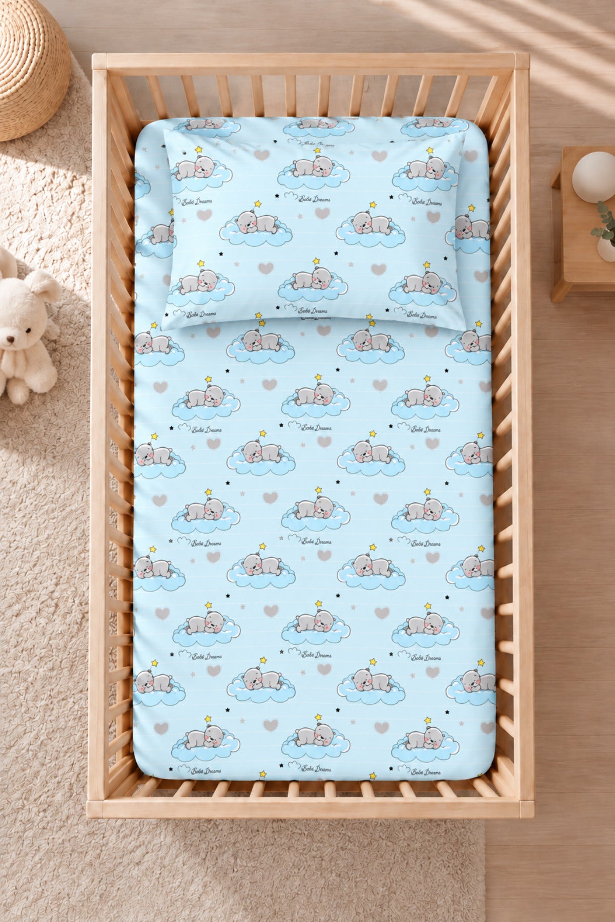 Blue Teddy %100 Pamuk Ranforce Bebek Lastikli Çarşaf Seti