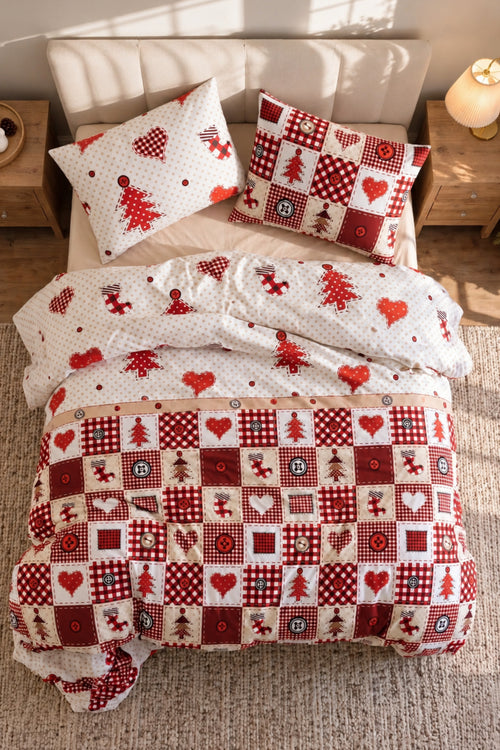 %100 Pamuk Christmas Heart Ranforce Nevresim Takımı | Yılbaşı Temalı Desenli