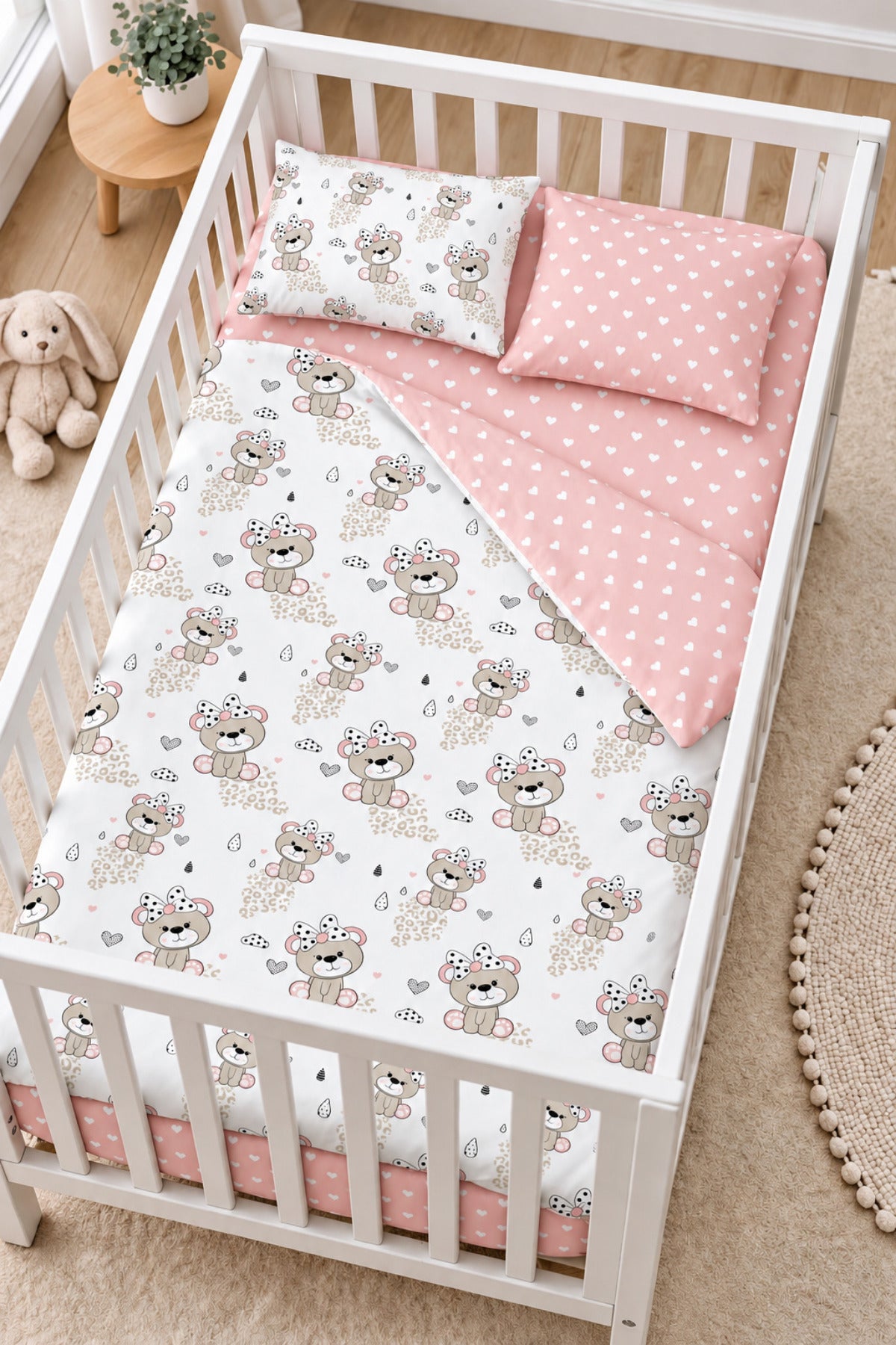 Pink Teddy %100 Pamuk Ranforce Bebek Nevresim Takımı