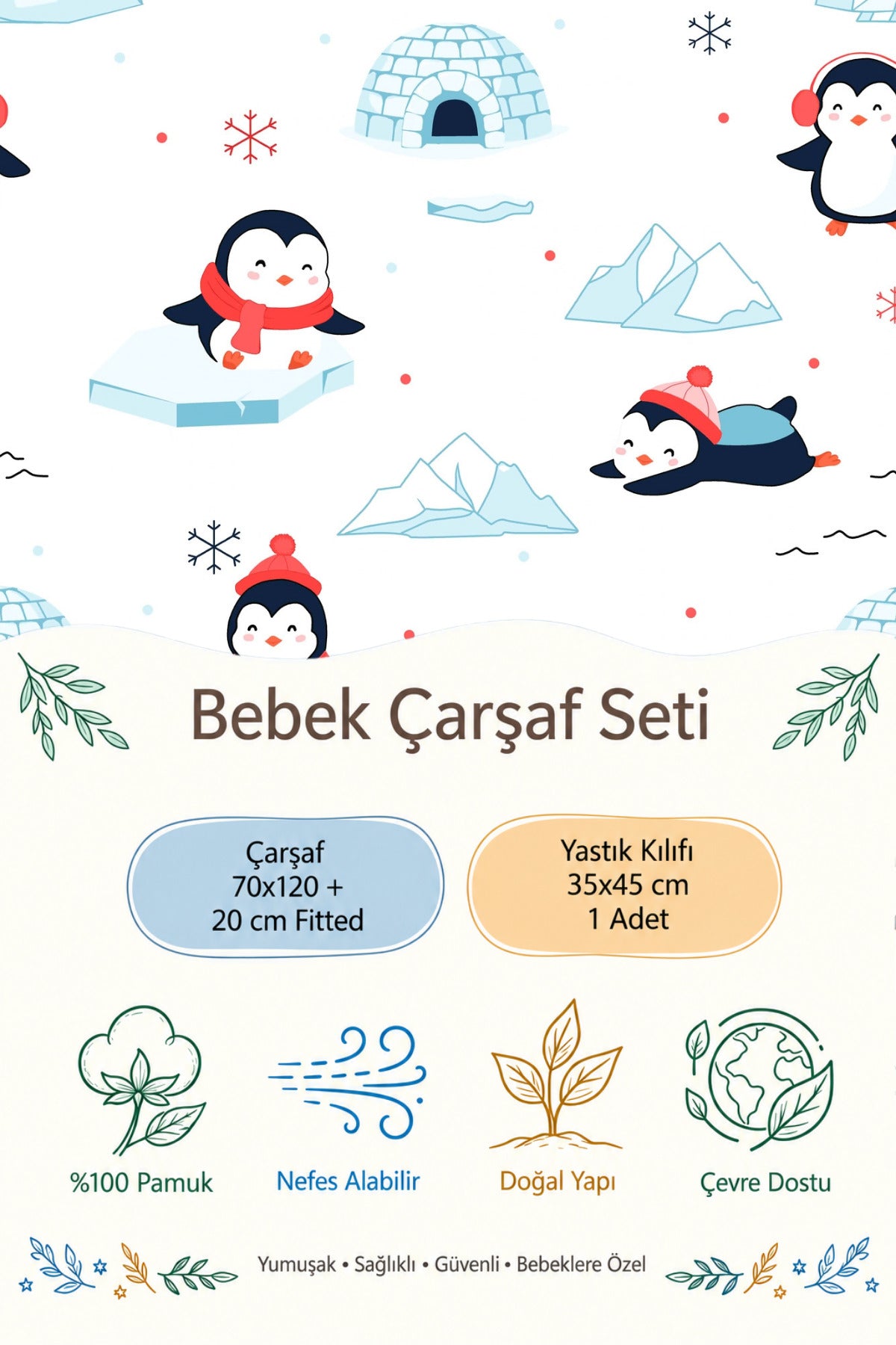 Penguin %100 Pamuk Ranforce Bebek Lastikli Çarşaf Seti